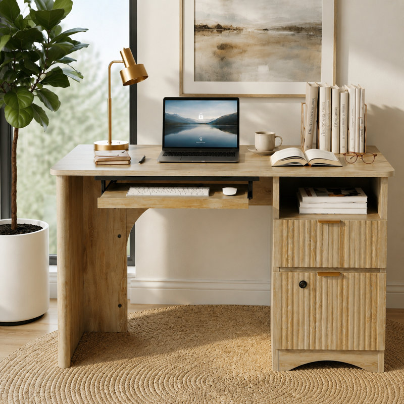 Bureau double caisson cannelé Neeru, Chêne naturel, Oui