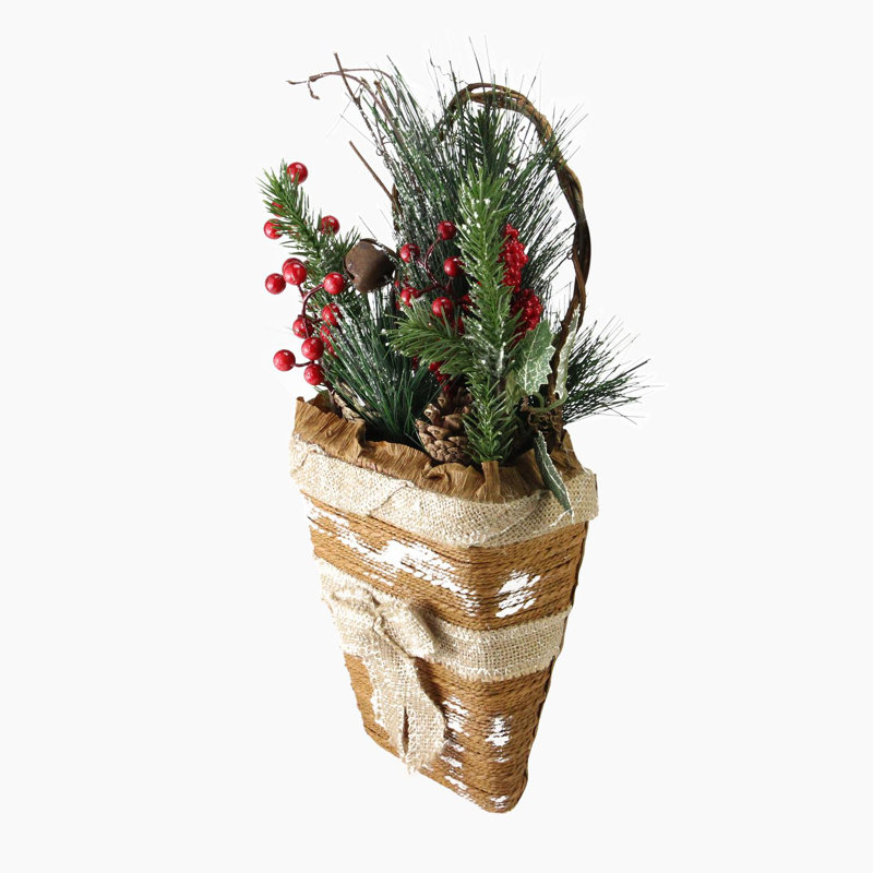 13.5" Brown and Green Frosted Pine Cones Artificial Christmas Basket