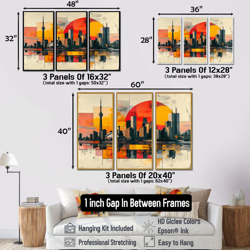 Ylan - ensemble d'art mural City Toronto, Toile naturelle avec cadre flottant, H 32 po x l 16 po x P 1 po