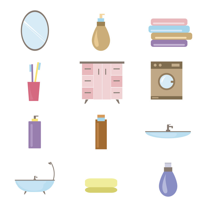 Keiko Bathroom Icons Colored Set - Wrapped Canvas Print, 30cm H x 30cm W x 3.8cm D