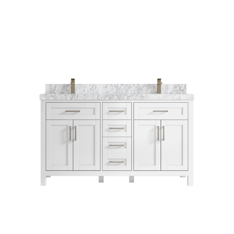 Ensemble de meuble-lavabo double 60 po, Marbre de Carrare