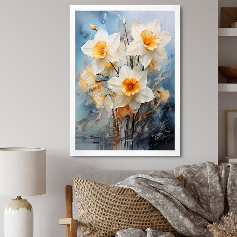 «Soft Neutrals Grey White Daffodils Bloom», reproduction sur toile, H 40 po x l 30 po x P 1,5 po, Cadre simple blanc