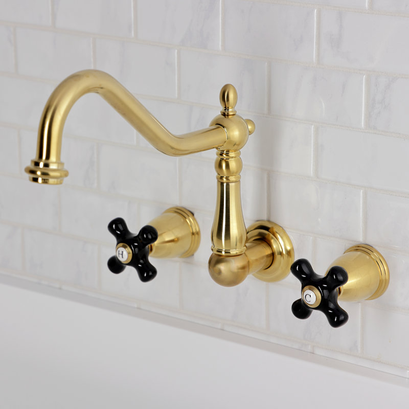 Kingston Brass Duchess Double-Handle 3-Hole Wall-Mount Kitchen Faucet, Brushed Brass