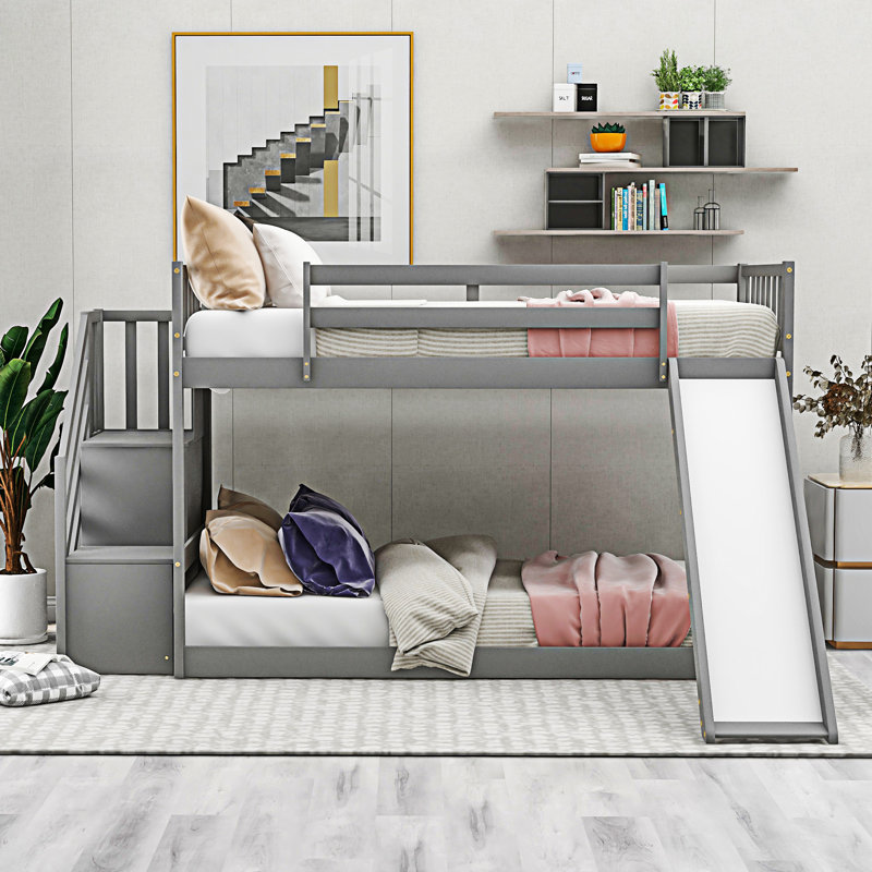 Lit superposé avec glissière convertible et escalier, Gris