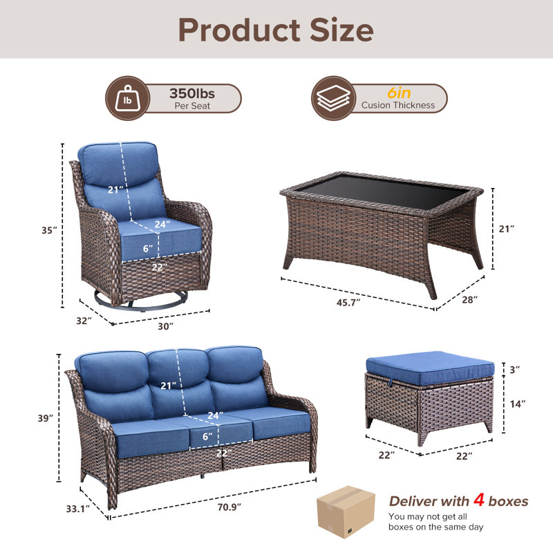 7 - Person Luxury Wicker Patio Furniture Set With Coffee Table & 6-Inch Extra-Thick Cushion Swivel Chairs, Brown, Blue