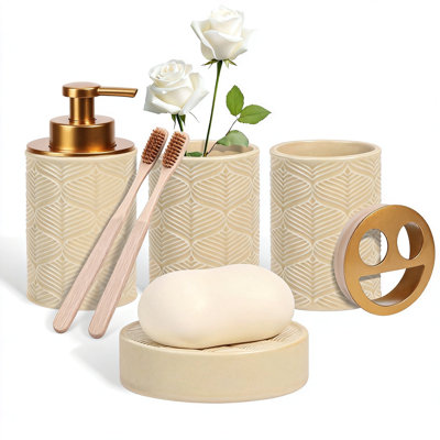 Ensemble d'accessoires de salle de bain, 4 pièces, distributeur de savon, porte-brosse à dents, verre, plateau de meuble-lavabo (céramique beige)
