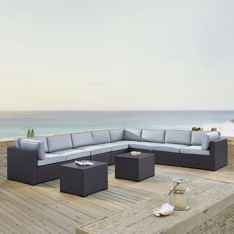 Ensemble de conversation modulaire en rotin de 7 pièces avec coussins Arbedella, Brume