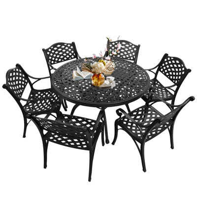 Ensemble de salle à manger moderne 7 pièces pour 6 tables de patio et chaises en aluminium bronze, table ronde de 48 po avec trou pour parasol