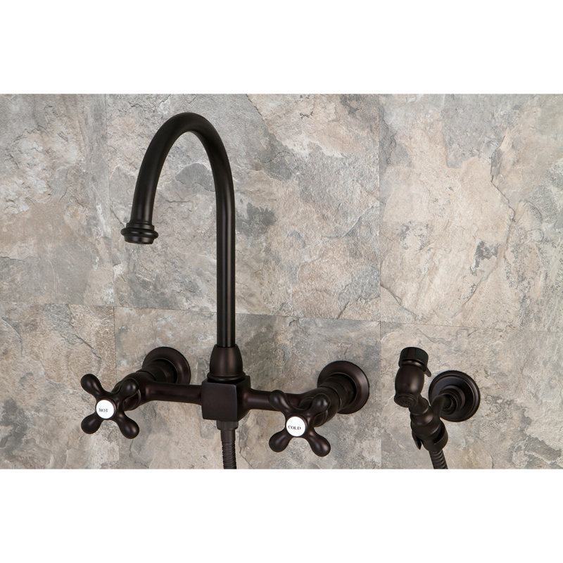 Kingston Brass Restoration Double-Handle 3-Hole Wall-Mount Bridge Kitchen Faucet with Brass Sprayer, Oil Rubbed Bronze