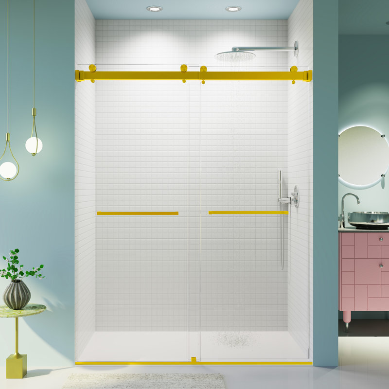 Carlos 56–60'' W x 76'' H Frameless Bypass Shower Door with 3/8'' Tempered Glass (No Soft-Close), Gold