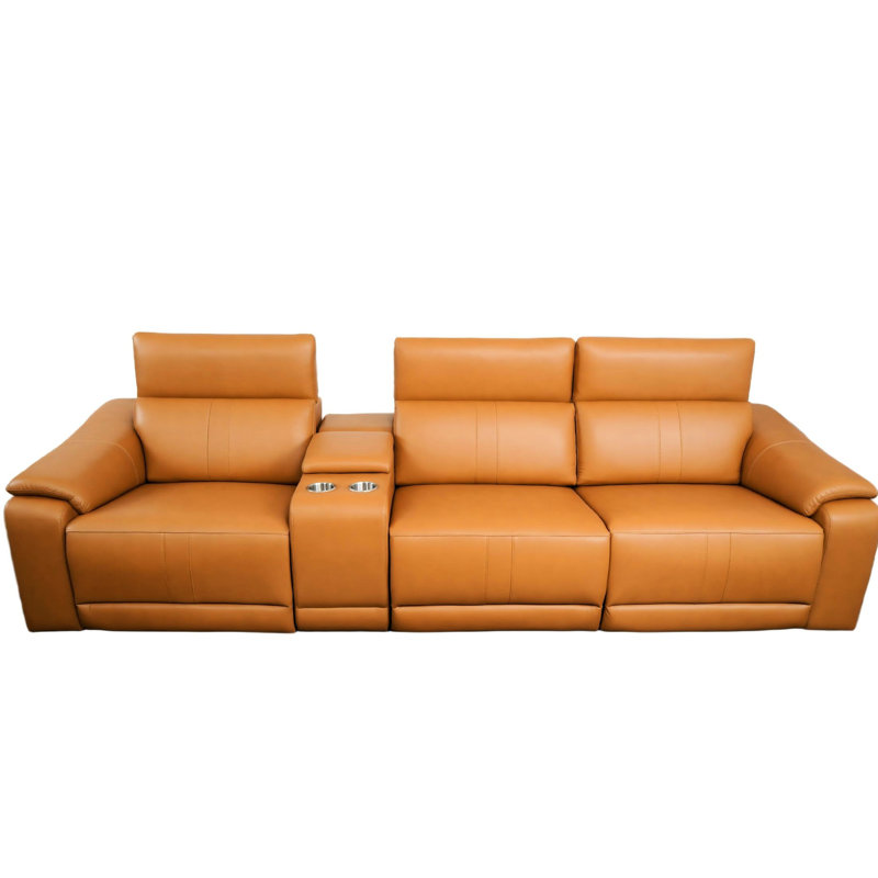 4 fauteuils en cuir brun avec 2 porte-gobelets, canapé modulaire confortable pour le salon, petits espaces de style moderne et différents réglages, fonction inclinable électrique, éponge haute respirante, porte-espaces de rangement