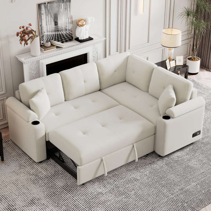 Canapé-lit escamotable en forme de L avec roulettes, ports USB et prises de courant pour un confort de salon fonctionnel