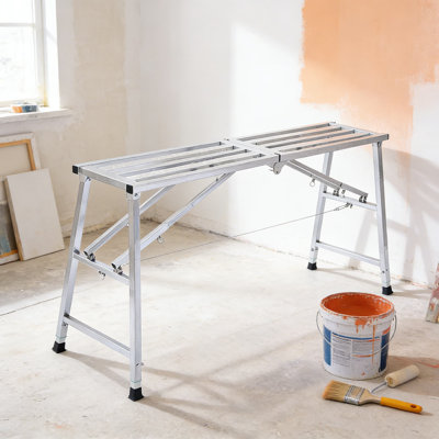 Heavy Duty Adjustable Work Platform & Folding Scaffolding - 800 Lb Capacity, Portable Steel Step Ladder For RV Cleaning, Wall Painting, Drywall, And Home Decorating
