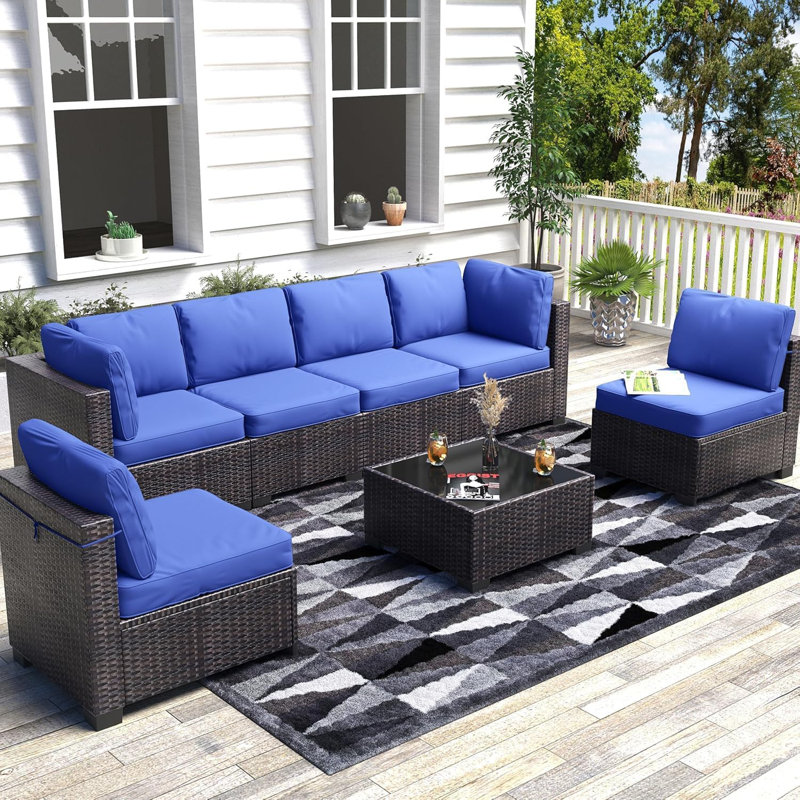 Patio7 Pieces Outdoor Patio Set With Detachable Soft Cushions Patio Conversation Sets Waterproof Patio Sectional Sofa With Glass Top Table
