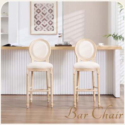 Ensemble de 2 chaises de bar rembourrées de style champêtre beige de 30 po de hauteur avec dossier rond, démontables, structure en bois massif, coton et lin, tréfilage pour divers espaces démontables