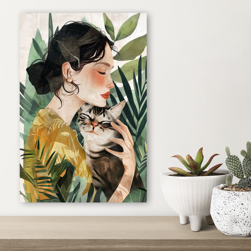 «Woman Cat Serenity Peaceful Serene Tranquil Cat Nature Plant», art mural, H 18 po x l 12 po