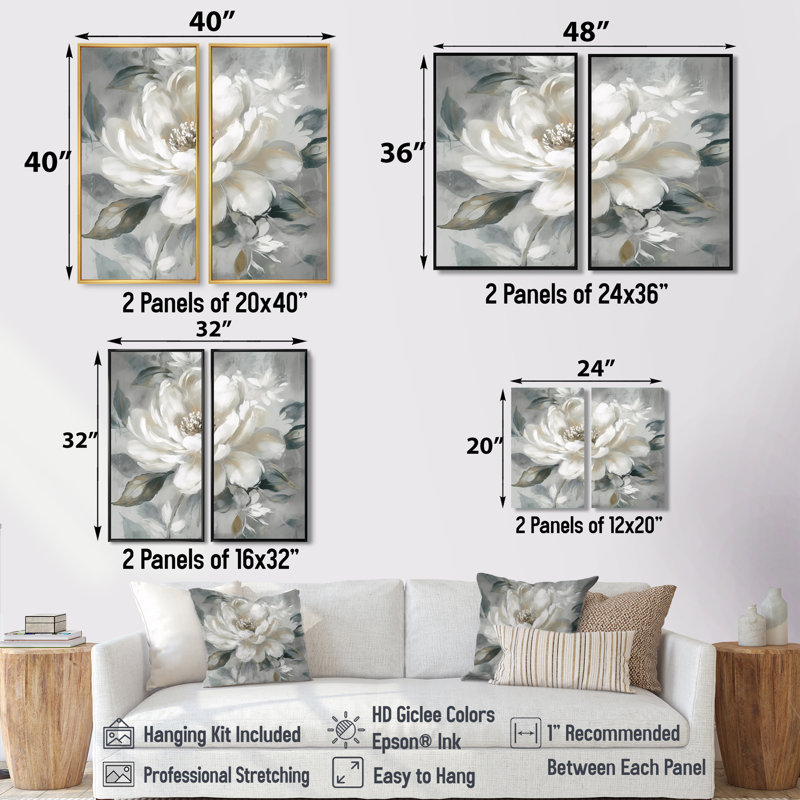 Louvière - pivoines florales, art mural, 36" H x 48" W, Impression encadrée flottante, White