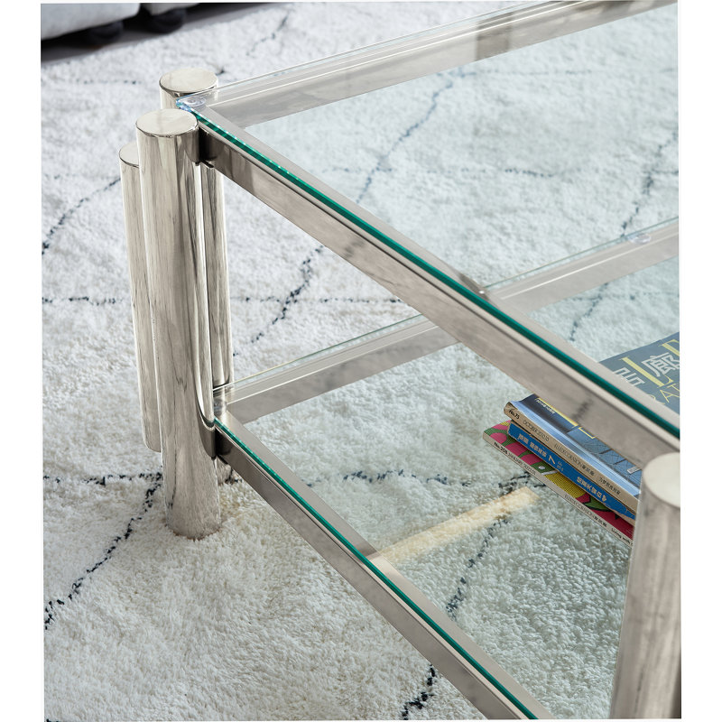 Table basse rectangulaire moderne en acier inoxydable de 47 po de largeur, table basse double couche en verre trempé transparent