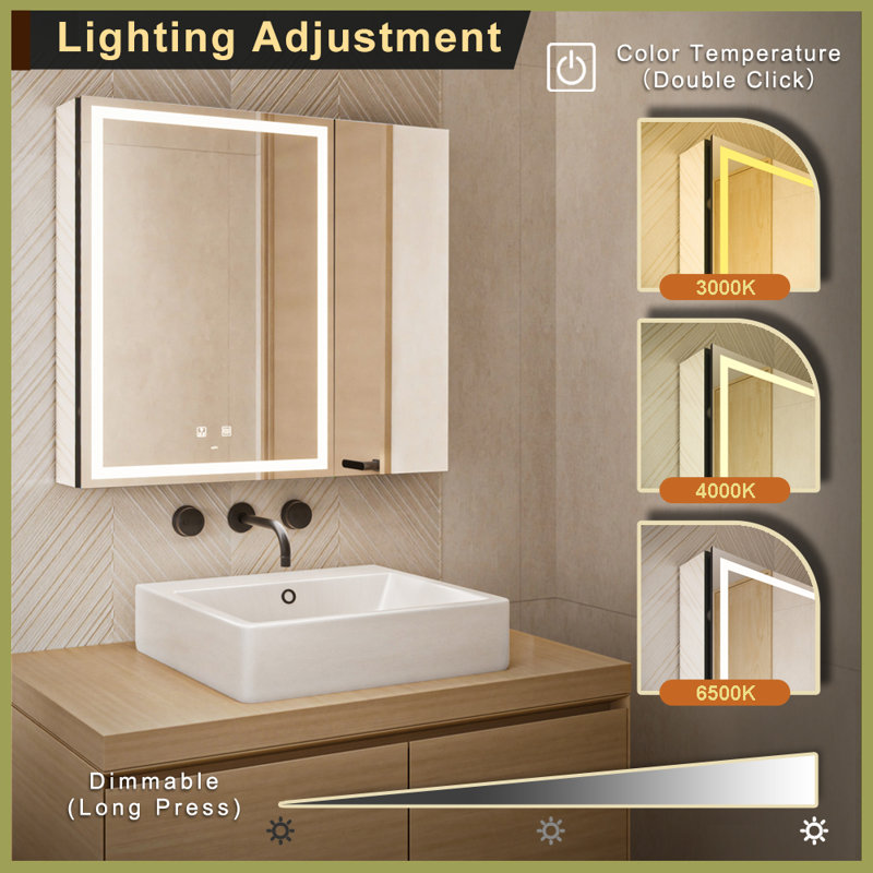 LED Bathroom Medicine Mirror Cabinet, Defog, Dimmable, 3-Color Mode, Outlets & USBs, 28" H x 30" W x 5" D, Double Door