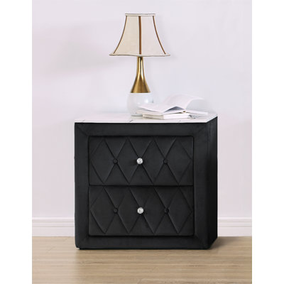 Table de chevet en faux marbre 1pc avec 2 tiroirs de rangement à finition grise et capitonnée