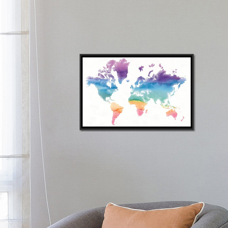 « aquarelle world », reproduction d’art sur toile tendue, H 18 po x l 26 po x P 1,5 po, Toile avec cadre noir, Pas de tapis