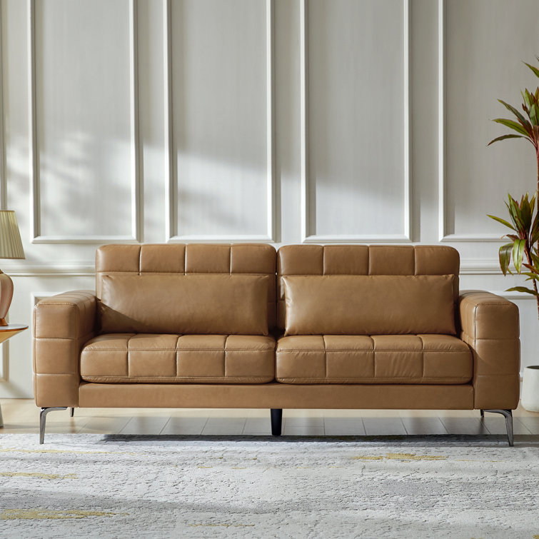 Pearman 87.5"W Retro Industrial Faux Leather Couch with Adjustable Backrest and Lumbar Cushion