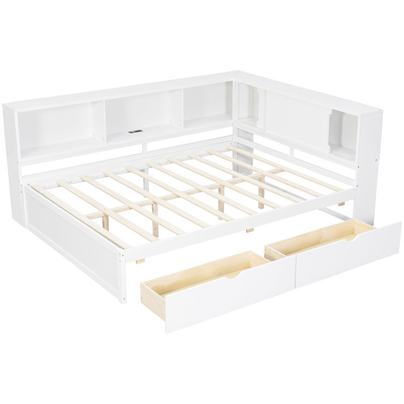 Daybed With Storage Shelves, Usb, Led, And 2 Drawers, White
