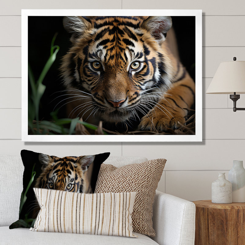 Portrait de tigre brun - art mural tigre, H 30 po x l 40 po x P 1,5 po, Cadre simple blanc