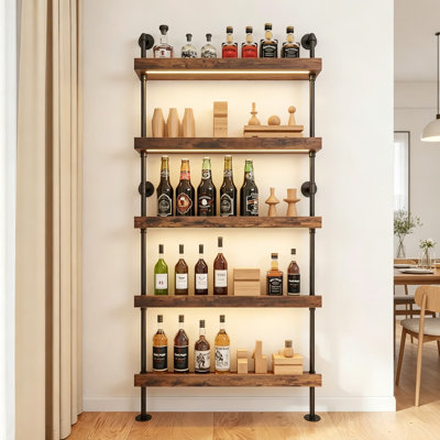 5-Tier Wall Mounted Wine Rack With LED Lights - Industrial Pipe Bar Shelf For Wine Bottle Storage, Sturdy Metal Shelving For Home Bar, Dining Room, Or Kitchen