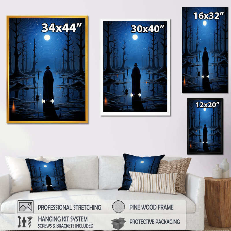 Mélodie touareg bleue au clair de lune, H 44 po x l 34 po x P 1,5 po, Cadre flottant noir