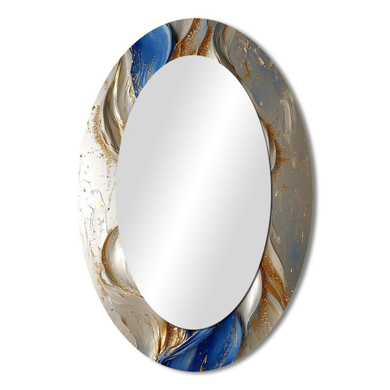 Rhythmic Golden Ink Waves Fusion II - Abstract Oval Decorative Mirror On Metal, 36" x 24"