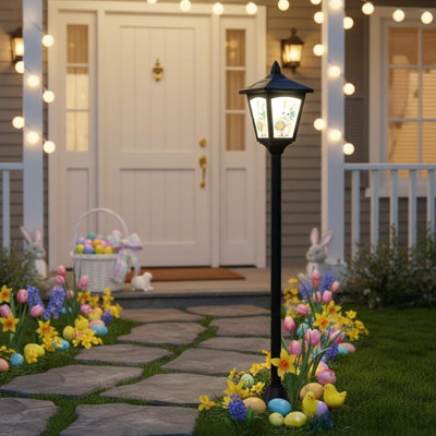 40 Inch Solar Lamp Post Light with Removable Easter Bunny and Egg Panels, Black