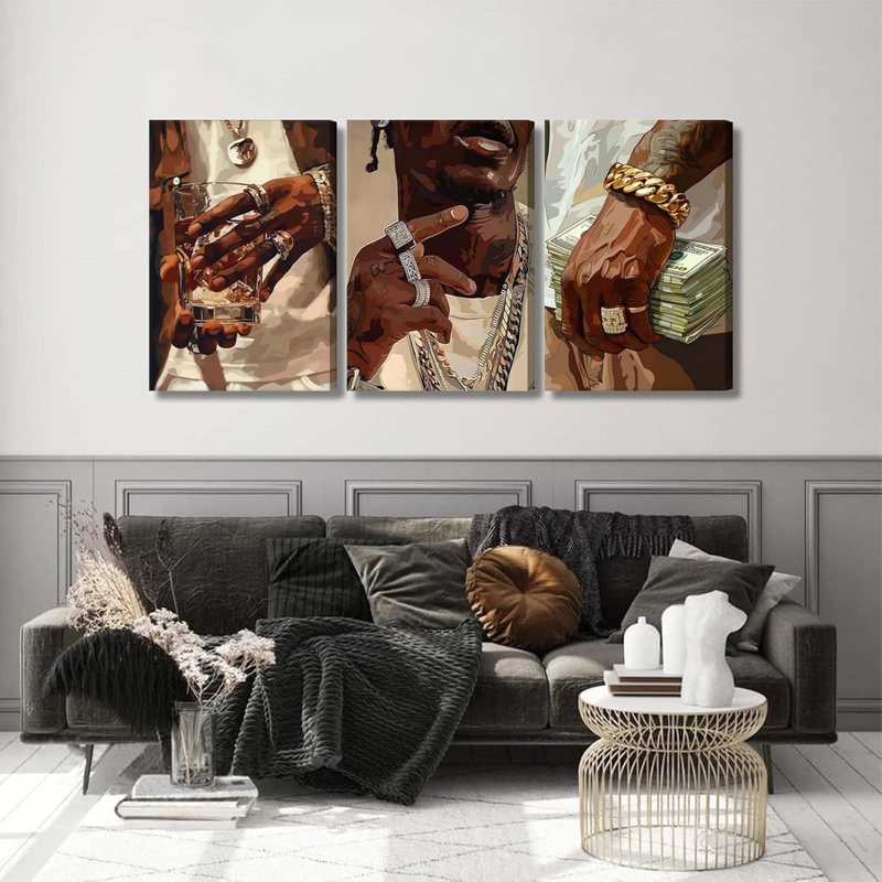 3Pcs Fashion African American Black Man Canvas Wall Art Modern Money Poster Print Pictures Hip-Hop Aesthetics Luxury Street Wall Decor Artwork For Teen Room DJ Studio Home Decoration