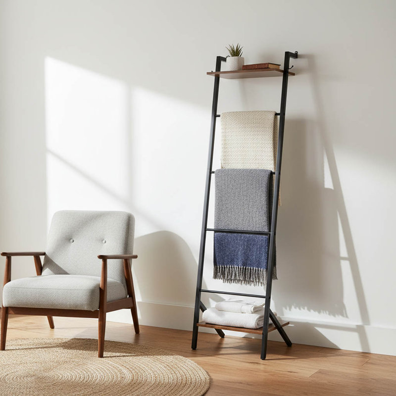 5-Tier Metal Blanket Ladder With Shelves & Hooks