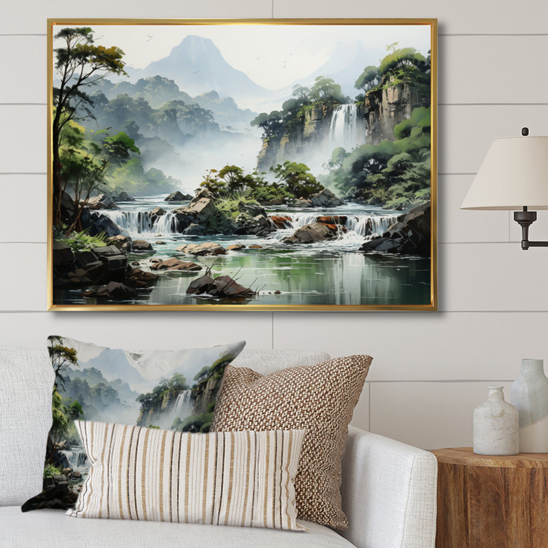Cascade du Vietnam - Cascade d'argent II - reproduction sur toile, H 12 po x l 20 po x P 1 po, Cadre flottant doré
