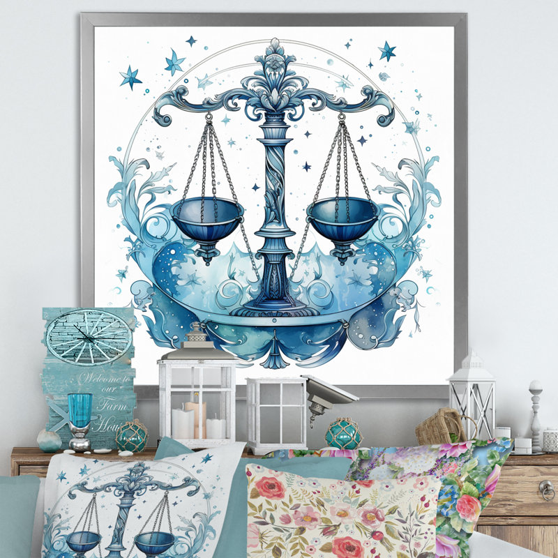 Balance signe zodiaque III sur toile, H 24 po x l 24 po x P 1 po, Cadre simple argenté