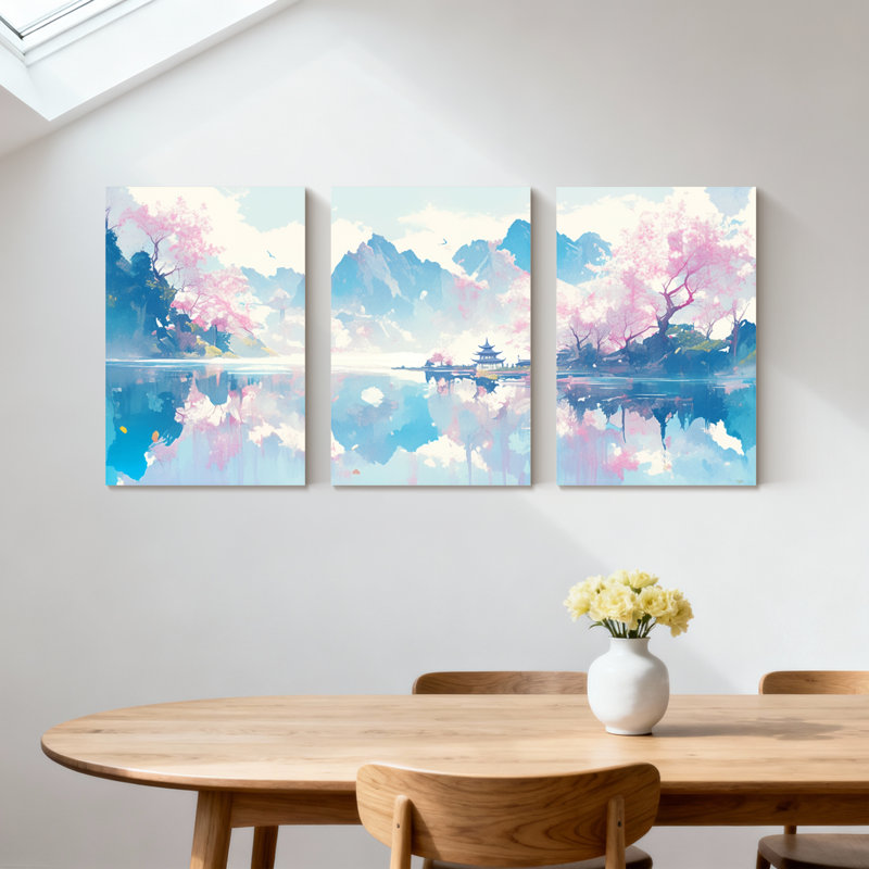 Paysage et nature, Cherry Blossom, lac, montagne, reflet, ciel, pagode, cascade, nuages, ensemble de 3 impressions sur toile