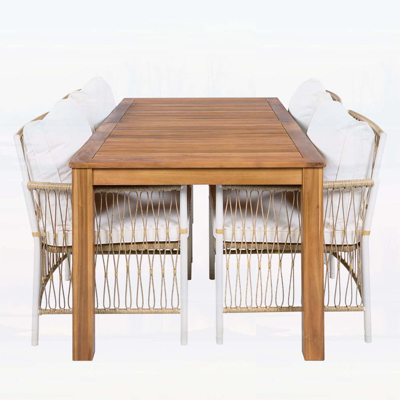 Ensemble de salle à manger de patio 5 pièces en bois d'acacia durable avec fauteuils en rotin pour l'extérieur et l'intérieur, résistant aux intempéries et confortable