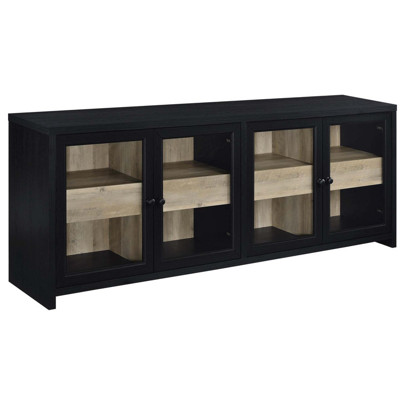Console média moderne avec portes en verre et tablettes réglables