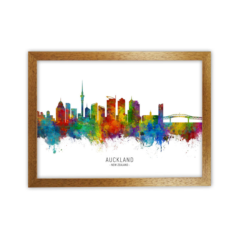 Auckland New Zealand Skyline by Michael Tompsett - Print, Brown Framed, 34cm H x 46cm W x 3cm D