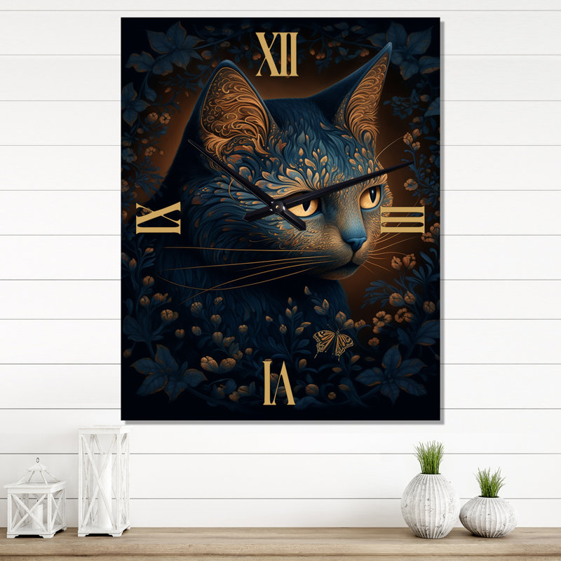 Horloge murale rétro chat bleu au milieu de fleurs I - animaux, Petit