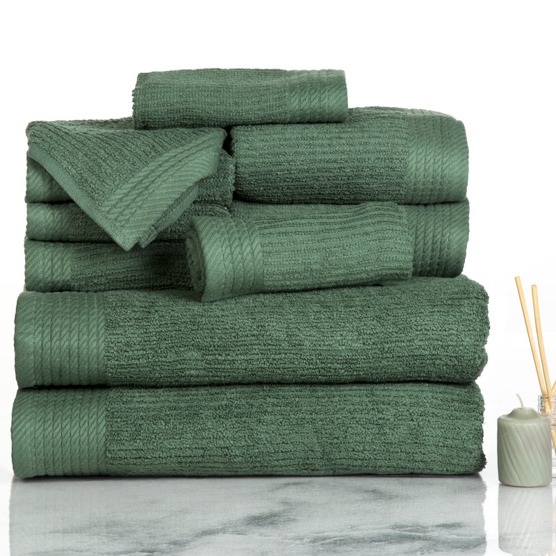 Airyonna 10-Pc Bath Towel Set - Luxurious 100% Cotton Ribbed Pile Absorbent Bathroom Set Towels, Green