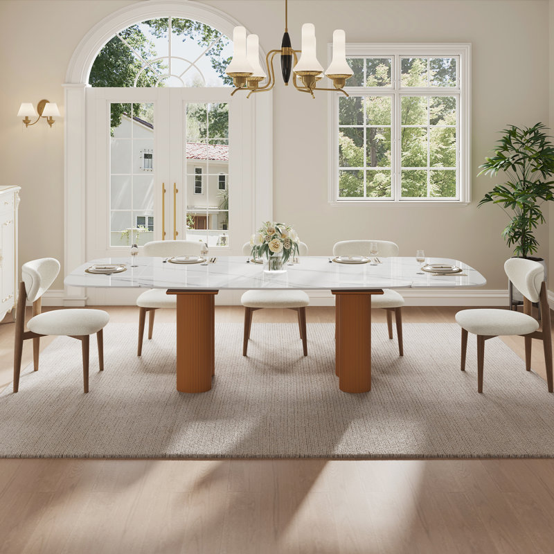 63-94.5" Modern Extendable Retangular Dining Table For 4-10, Sintered Stone Table Top, With Brown Wood Double Base, White
