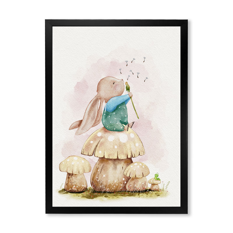 Illustration de toile mignonne de lapin en train de souffler une fleur, H 16 po x l 32 po x P 1 po, Cadre photo noir