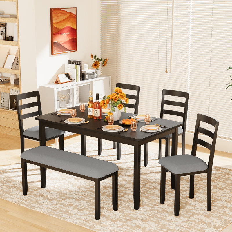 Solid Wood 6-piece Dining Table Set, Modern 58" Wide With 4 Chairs And 1 Bench For Kitchen And Dining Room, Gray