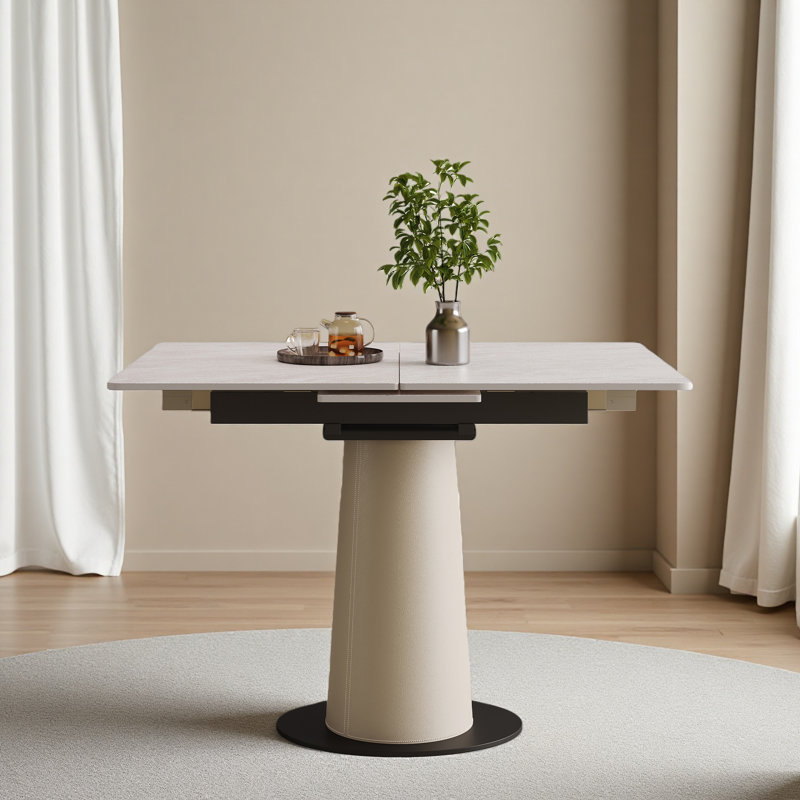 Table de salle à manger rétractable à dalle de roche pliante, table carrée extensible moderne avec base en acier inoxydable revêtue de cuir