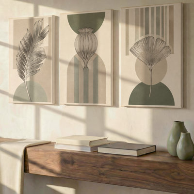 3 Pieces Exculisive Sage and Taupe Botanical Studies Large Wall Art Vintage Triptych Panorama Canvas, Canvas Decor for Living Room, Bedroom and Office