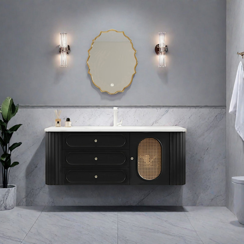 French cream-style rattan bathroom cabinet, 51"