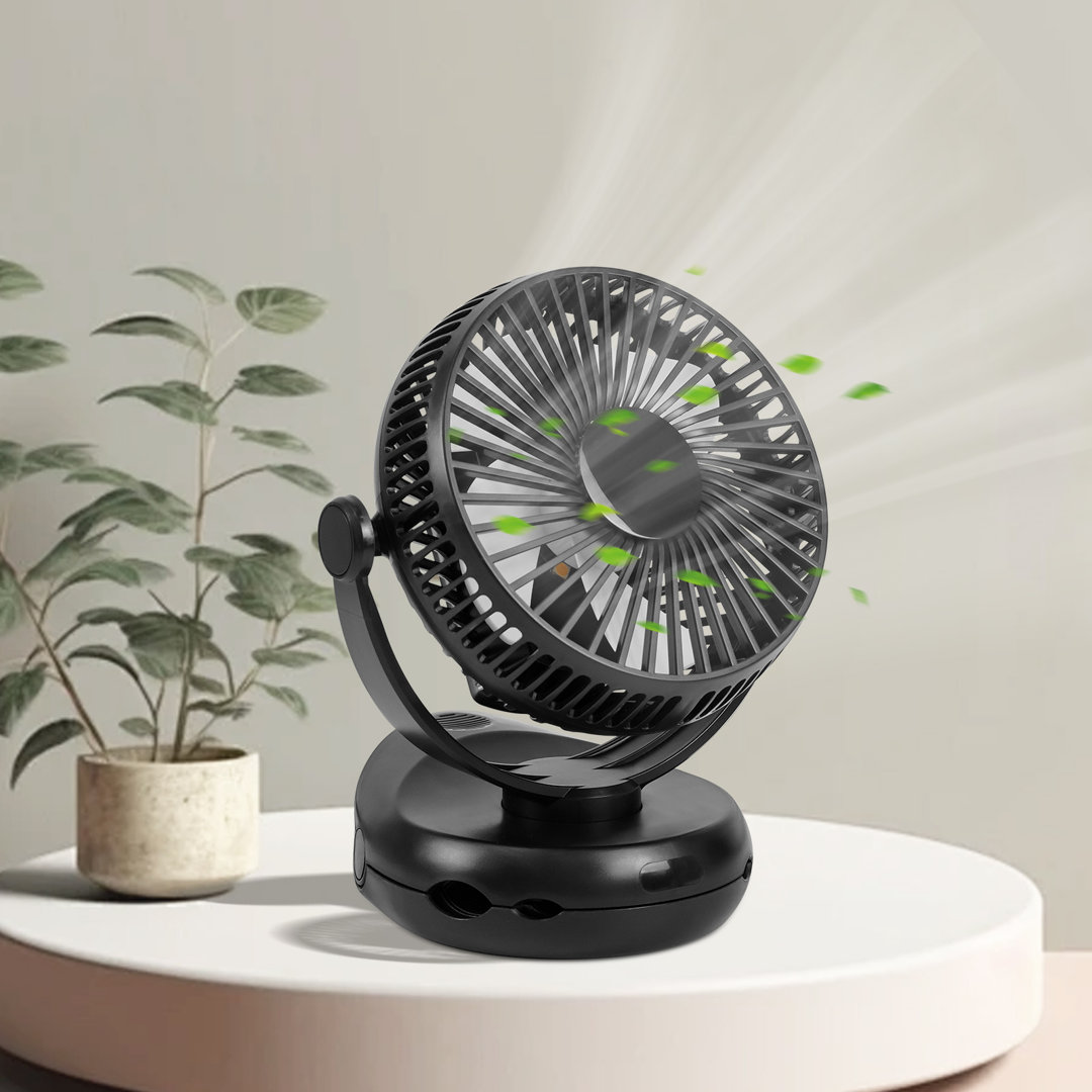 Tischventilator USB Schwarz - Leise 4 Geschwindigkeiten Akku mit LED Licht 360° Drehung Tischlüfter