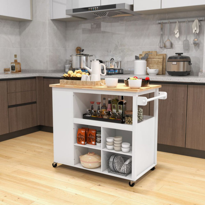 White Kitchen Cart with Rubber Wood Countertop and Storage Shelves